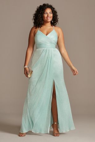 Wrap Bodice Skinny Strap Glitter Micro-Pleat Gown