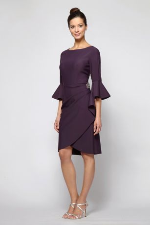 3/4-Sleeve Smoothing Knit Mock Wrap Cocktail Dress