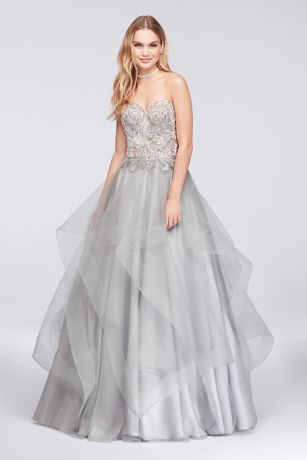 Appliqued Illusion Ball Gown with Ruffled Skirt