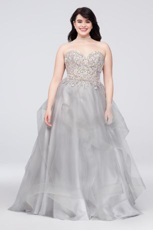 Appliqued Illusion Ball Gown with Ruffled Skirt