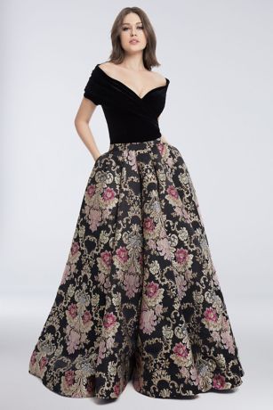 Velvet Off-the-Shoulder Tapestry Ball Gown