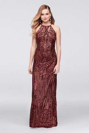 Allover Sequin Crisscross-Back Sheath Gown