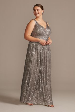 Allover Sequin Pleated Gown with Illusion Plunge