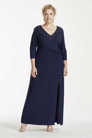 3/4 Sleeve Long Jersey Dress with Beaded Bodice