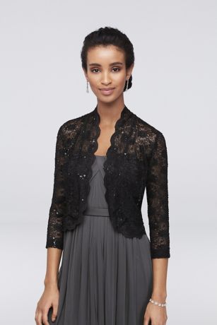 3/4 Sleeve Sequin Lace Jacket with Scalloped Trim