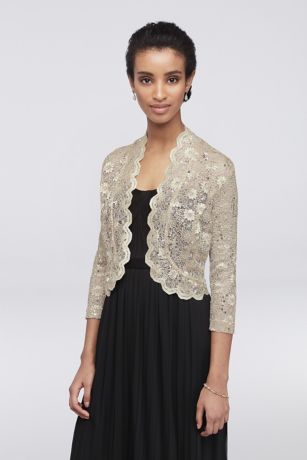 3/4 Sleeve Sequin Lace Jacket with Scalloped Trim