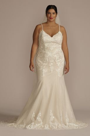 Appliqued Lace-Up Spaghetti Strap Wedding Dress