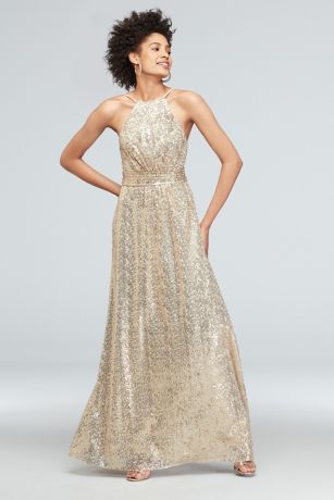 Allover Sequin High-Neck Pleated Bridesmaid Dress