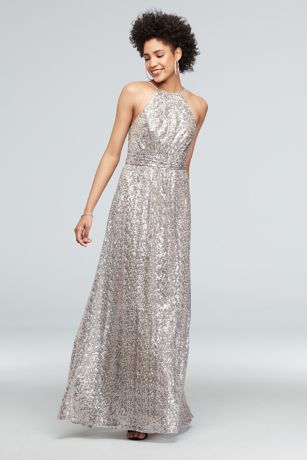 Allover Sequin High-Neck Pleated Bridesmaid Dress