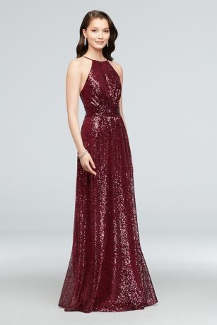 Allover Sequin High-Neck Pleated Bridesmaid Dress