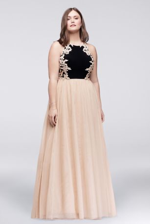 Appliqued Jersey and Mesh Low Back Ball Gown