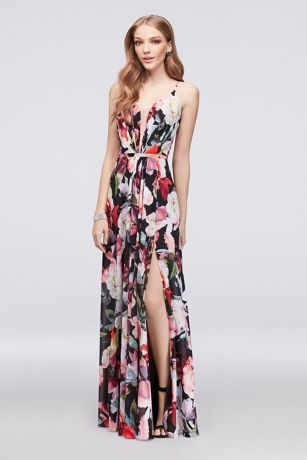 A-Line Floral Chiffon Gown with Slit Skirt