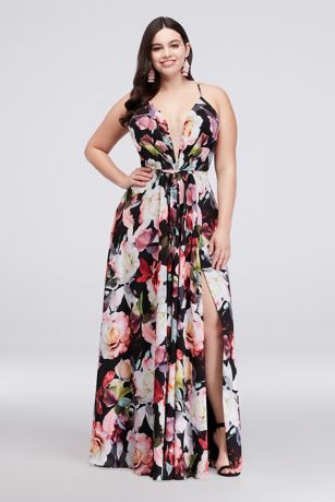 A-Line Floral Chiffon Gown with Slit Skirt