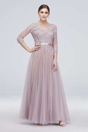 3/4 Sleeve Embroidered Lace and Tulle Ball Gown