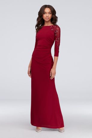 3/4-Sleeve Boatneck Sheath Gown with Sequins