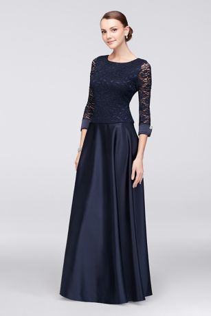 3/4 Sleeve Lace and Satin Dress with Gem Buttons