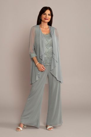 3-Piece Pantsuit with Beaded Tank and Flowy Jacket