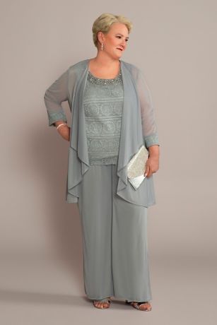 3-Piece Pantsuit with Beaded Tank and Flowy Jacket