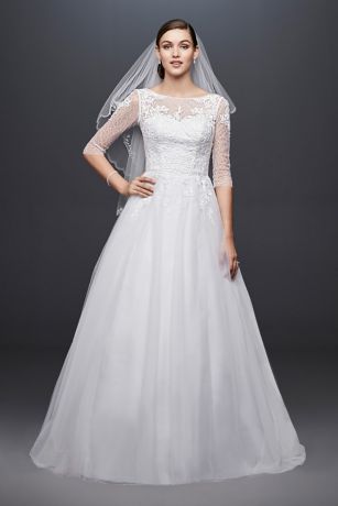 3/4 Sleeve Wedding Dress with Lace and Tulle Skirt