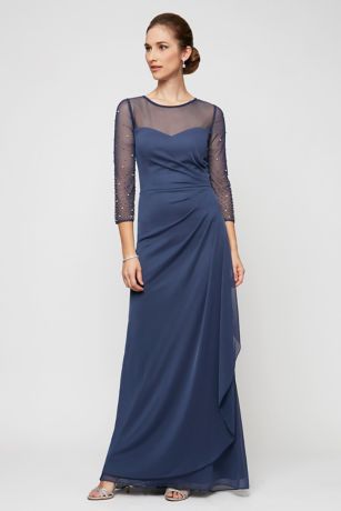 3/4 Beaded Sleeve Ruched Cascade Illusion Dress