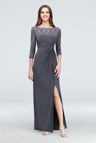 3/4-Sleeve Sequin Lace and Ruched Jersey Gown