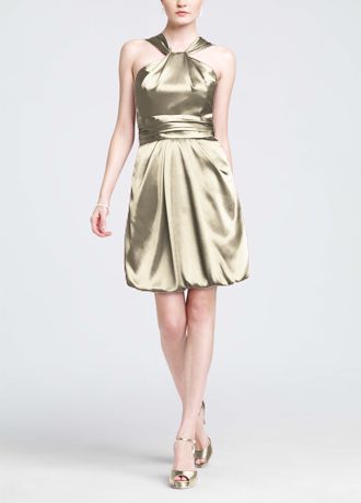 Y Neck Charmeuse Dress with Bubble Hem