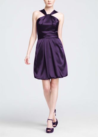 Y Neck Charmeuse Dress with Bubble Hem