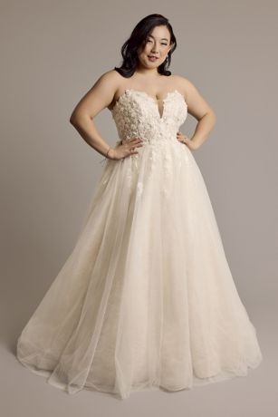 3D Floral Plunging Strapless Tulle Ball Gown