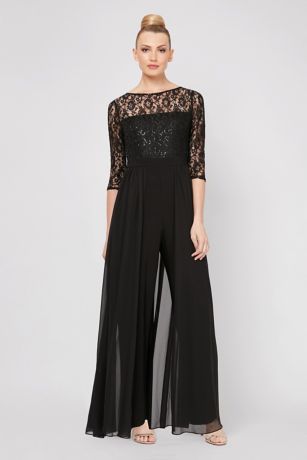 3/4 Sleeve Sheer Yoke Sequin Lace Jumpsuit