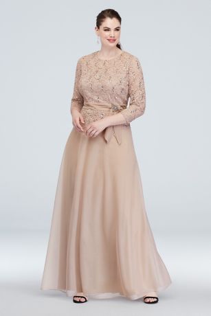 3/4 Sleeve Glitter Lace Plus Size Gown with Sash