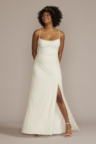 Allover Lace Cowl Neck Wedding Gown with Open Back