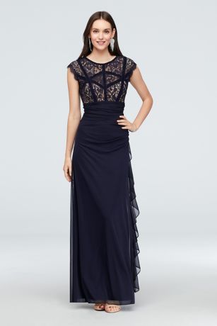 Velvet-Banded Lace and Chiffon Cap Sleeve Gown