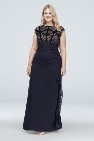 Velvet-Banded Lace and Chiffon Cap Sleeve Gown