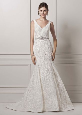 All Over Lace Trumpet Gown with Deep V Neckline