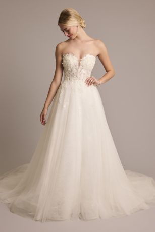 3D Floral Plunging Strapless Tulle Ball Gown