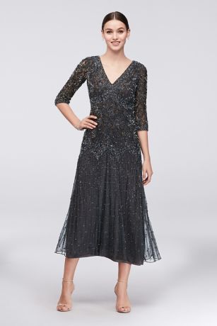 Allover Mixed Beading 3/4-Sleeve Plus Size Gown