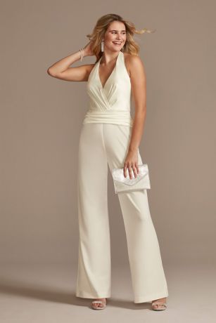 Wide-Leg Crepe Jumpsuit with Satin Halter Bodice