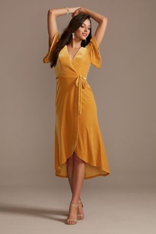 Velvet Flutter Sleeve Midi Dress with Tie Waist