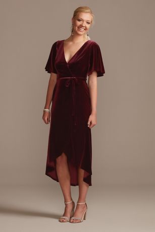 Velvet Flutter Sleeve Midi Dress with Tie Waist