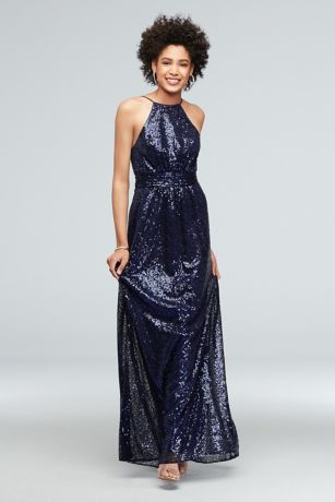 Allover Sequin High-Neck Pleated Bridesmaid Dress