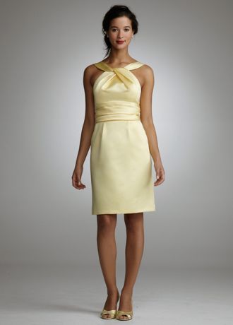 Y Neck Slim Satin Dress with Ruched Waistband