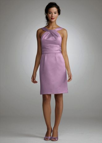 Y Neck Slim Satin Dress with Ruched Waistband