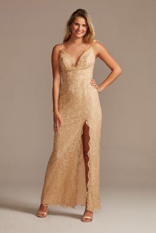 Allover Lace Sheath Gown with Plunging Neckline