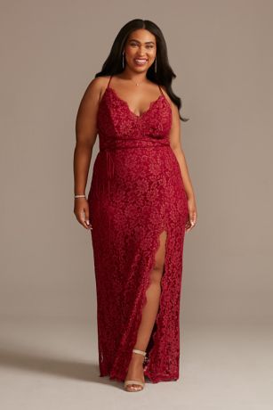 Allover Lace Sheath Gown with Plunging Neckline