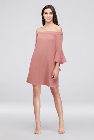 3/4 Bell Sleeve Off-The-Shoulder Crepe Shift Dress