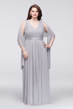 Woven-Bodice Chiffon Plus Size Gown with Beading