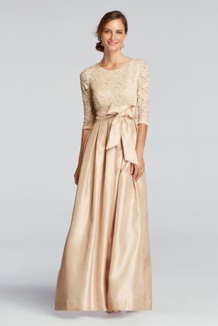 3/4 Shimmer Lace Sleeve Dress with Shantung Skirt