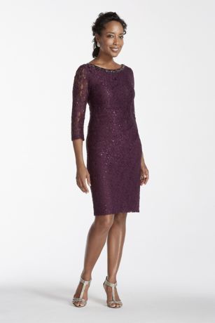 3/4 Sleeve Lace Dress with Beaded Neckline