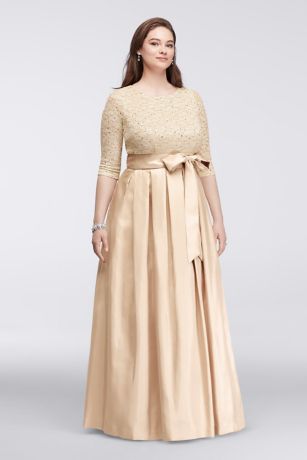 3/4 Shimmer Lace Sleeve Dress with Shantung Skirt