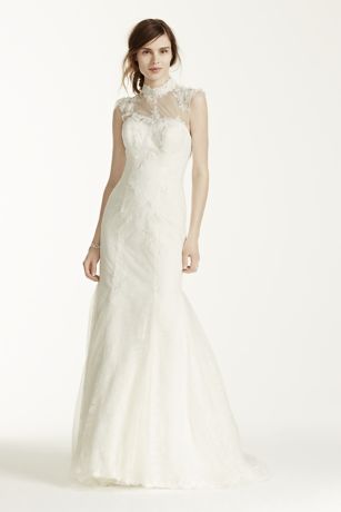 Applique Mock Neck Illusion Tulle Wedding Dress